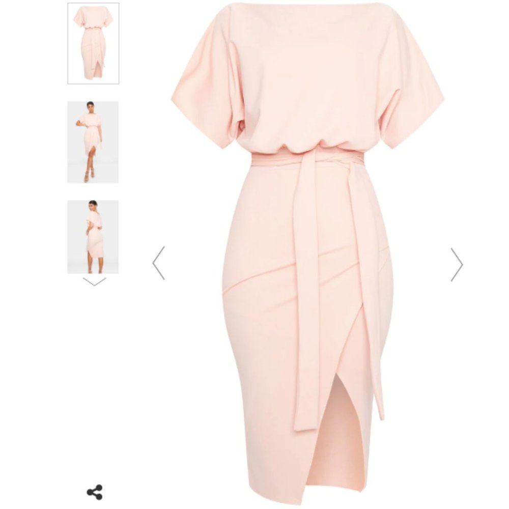 NUDE WRAP FRONT KIMONO SLEEVE MIDI DRESS (PrettyLittleThing)
